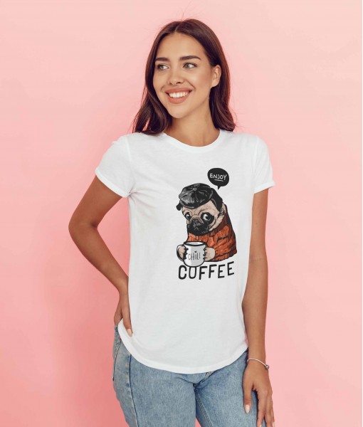 Дамска тениска с щампа Арт Enjoy coffee dog
